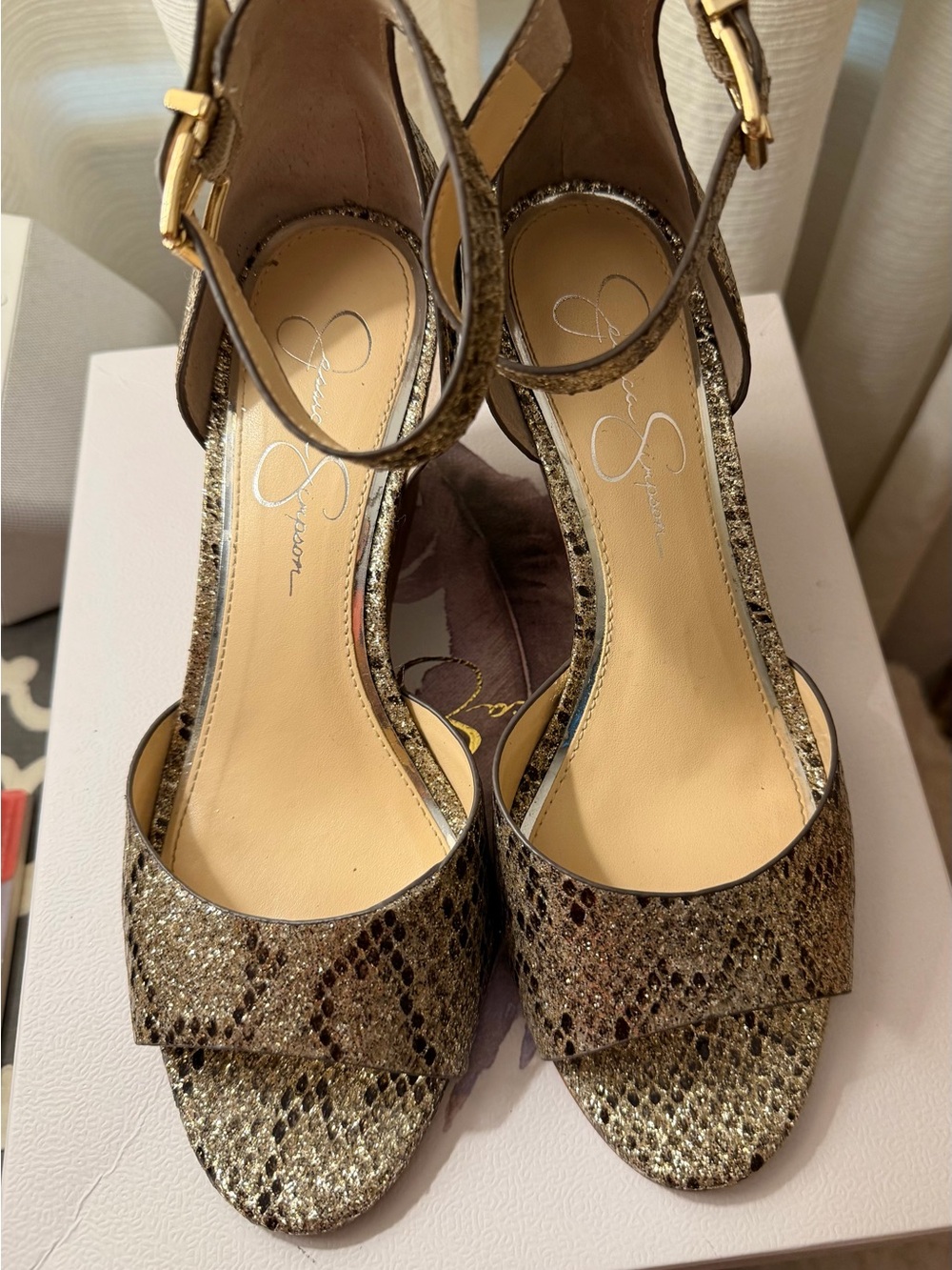 Jessica Simpson Metallic Gold Snake-Print Peep-Toe Ankle Strap wedge heels 8M